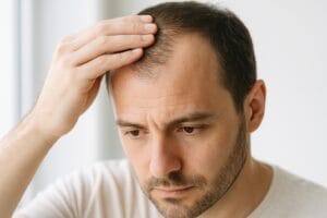 Primo piano orizzontale di un uomo che osserva il cuoio capelluto con luce naturale intensa, sfondo sfocato