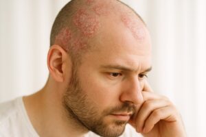 Primo piano orizzontale di uomo pensieroso con leggere aree arrossate e squamose sul cuoio capelluto, luce naturale intensa